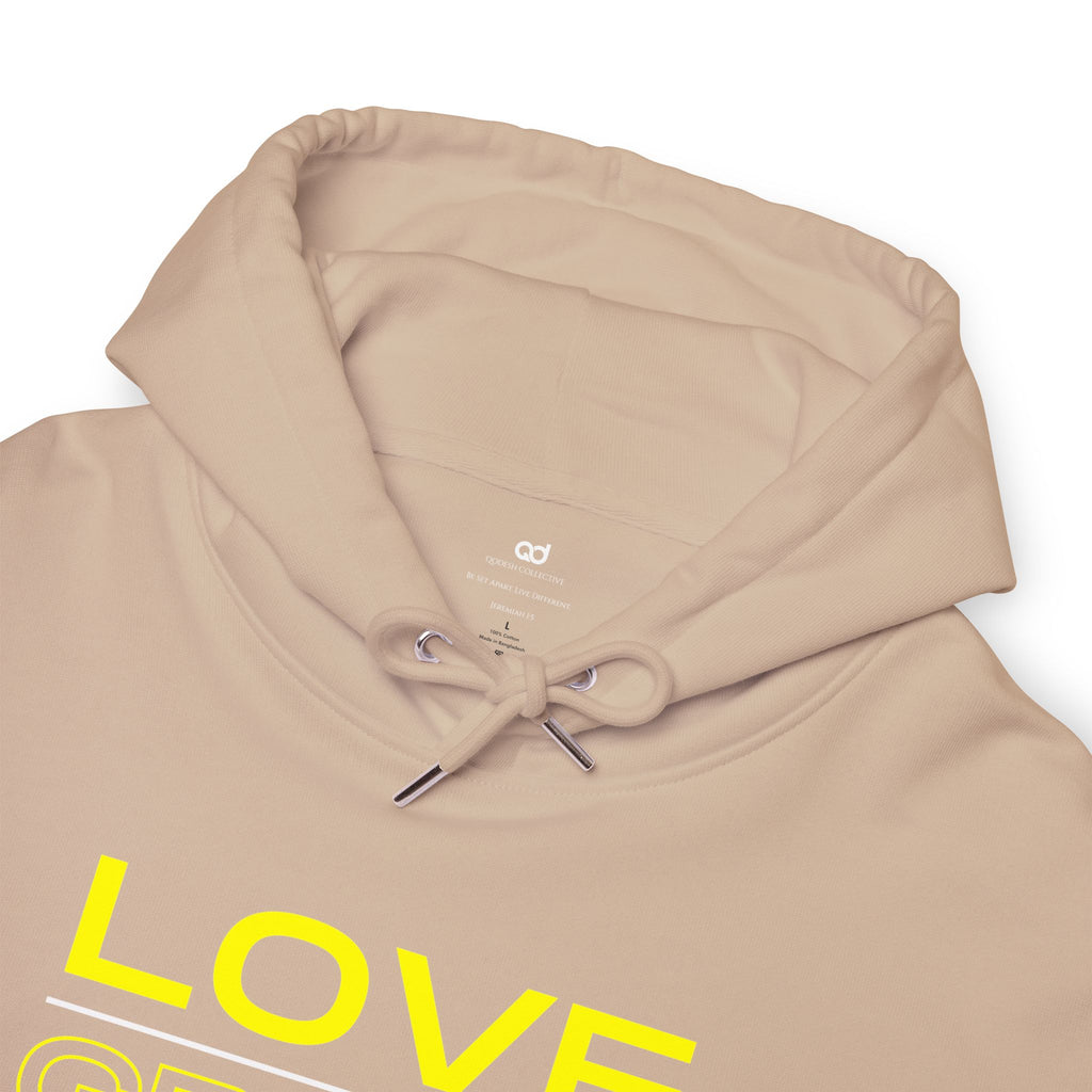 Love, Grace, Mercy Minimalist Hoodie — Yellow "LOVE" Graphic Pullover