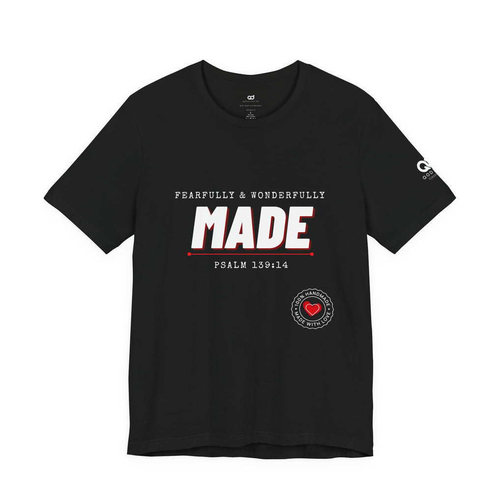 Qodesh Signature Collection T-Shirt — Minimal 'Fearfully & Wonderfully MADE' Design with Tiny Red Heart