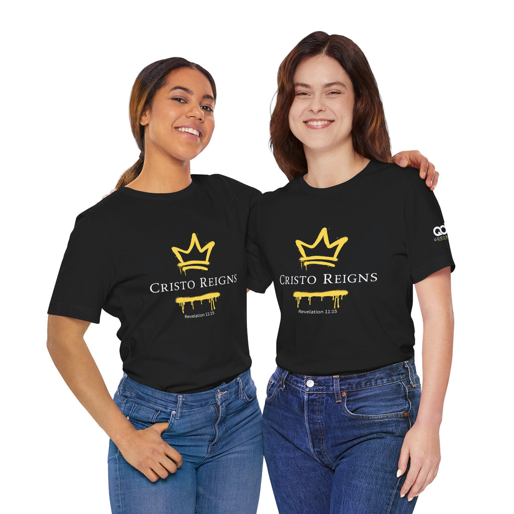 Gold Crown "Cristo Reigns" Graffiti Tee – Yellow Drip Streetwear T‑Shirt