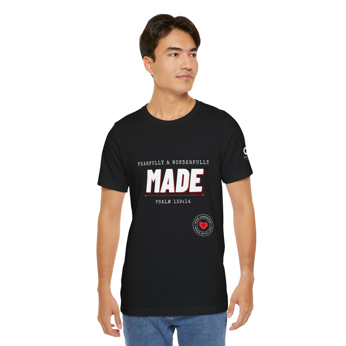Qodesh Signature Collection T-Shirt — Minimal 'Fearfully & Wonderfully MADE' Design with Tiny Red Heart