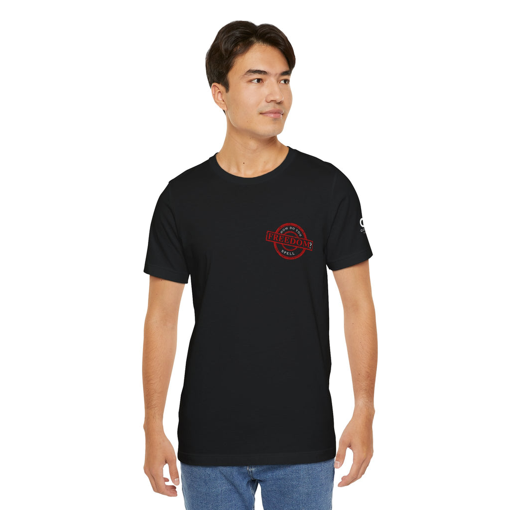 Freedom Stamp T‑Shirt — Distressed Red 'FREEDOM' Graphic Tee with Handprint Back