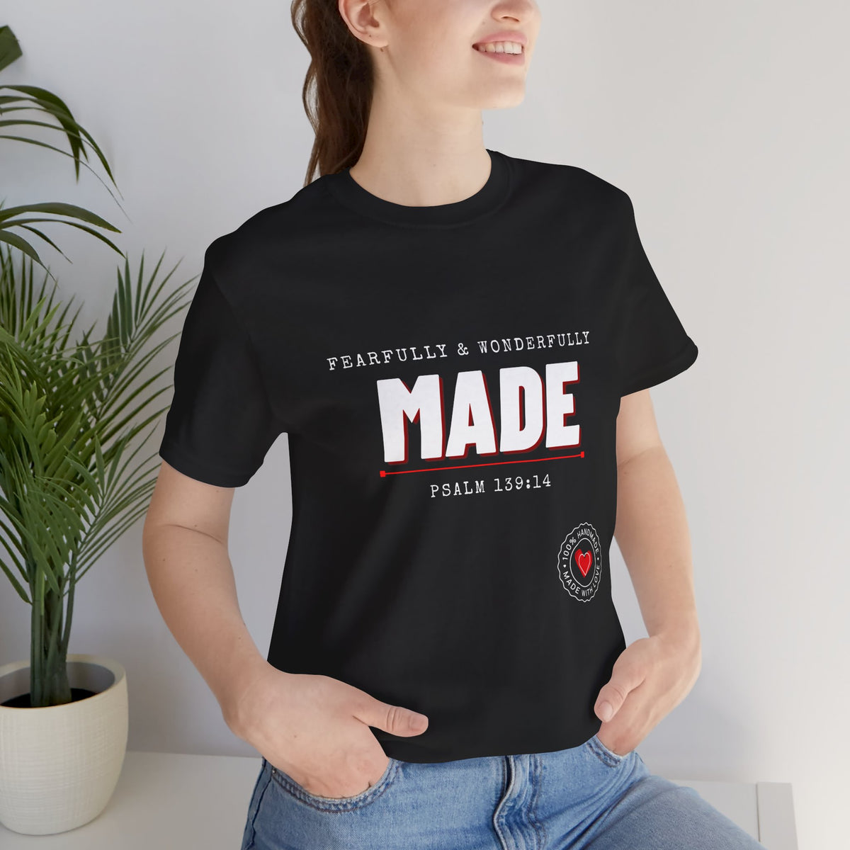 Qodesh Signature Collection T-Shirt — Minimal 'Fearfully & Wonderfully MADE' Design with Tiny Red Heart