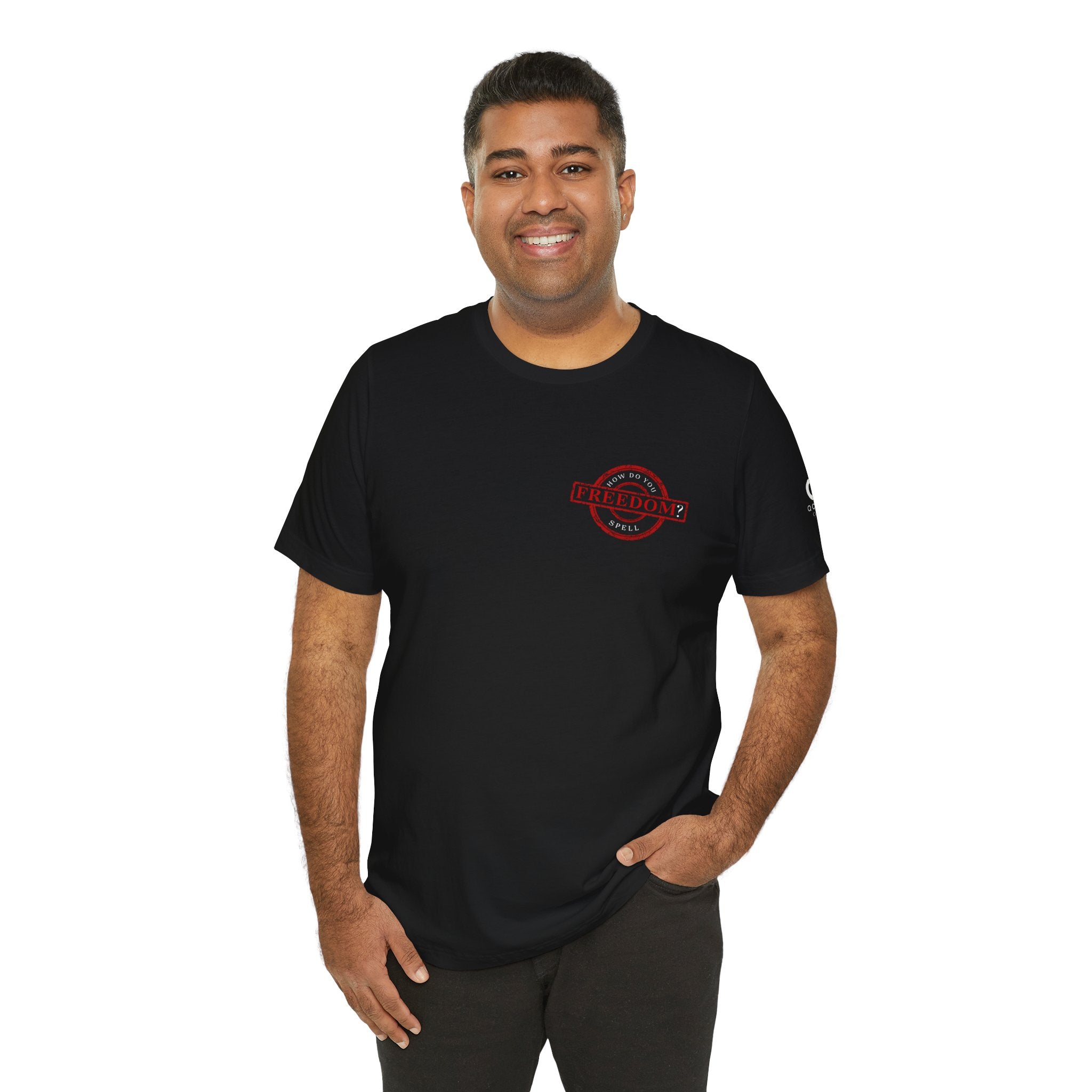 Freedom Stamp T‑Shirt — Distressed Red 'FREEDOM' Graphic Tee with Handprint Back