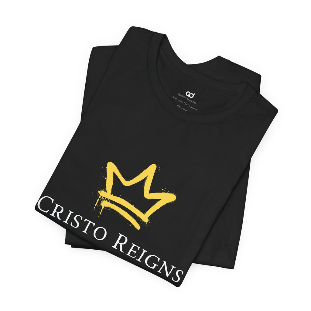 Gold Crown "Cristo Reigns" Graffiti Tee – Yellow Drip Streetwear T‑Shirt