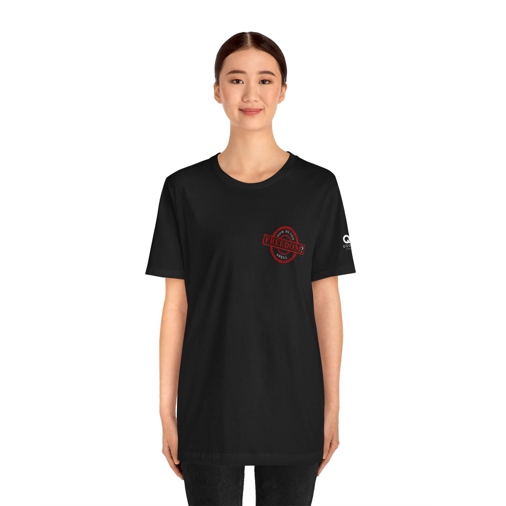 Freedom Stamp T‑Shirt — Distressed Red 'FREEDOM' Graphic Tee with Handprint Back