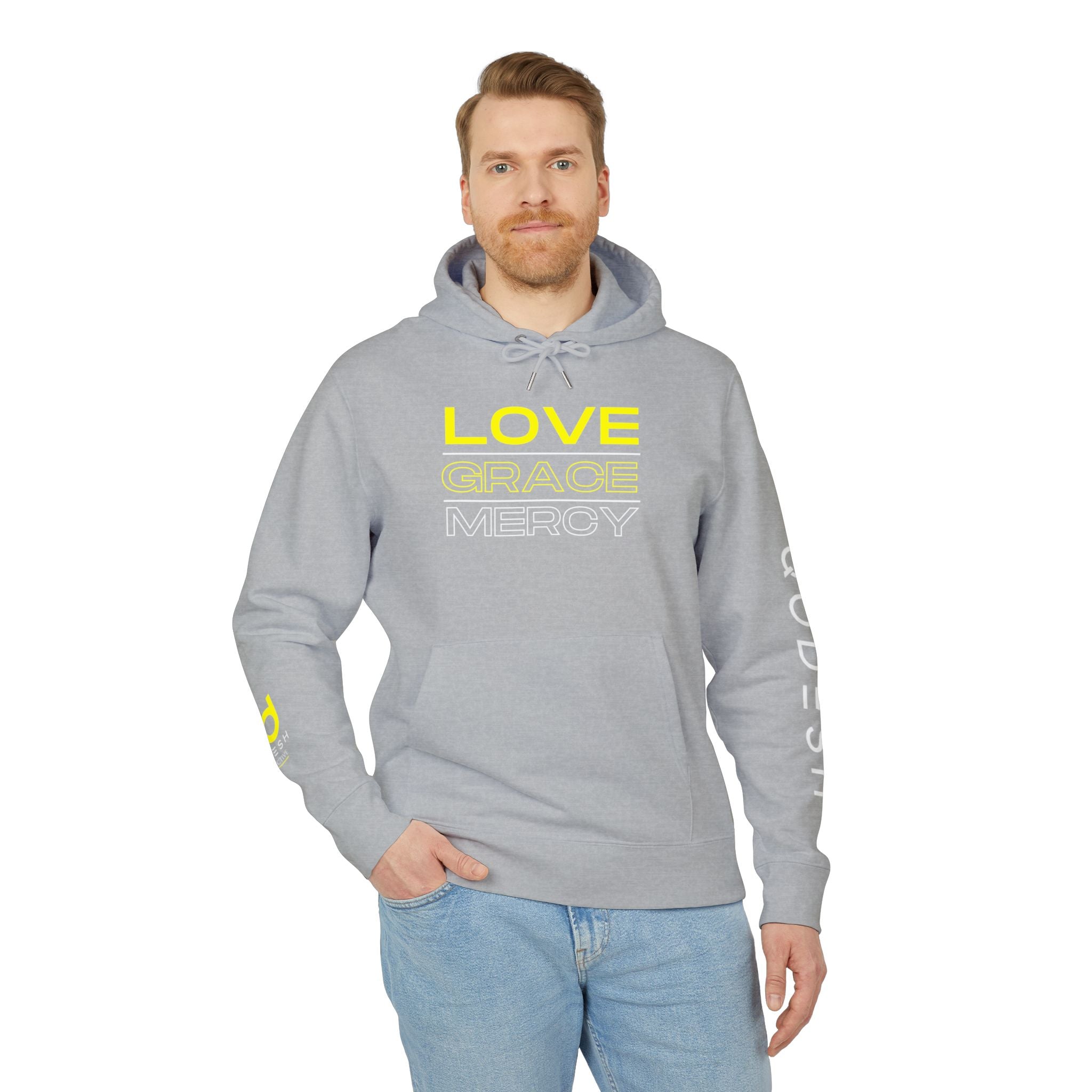 Love, Grace, Mercy Minimalist Hoodie — Yellow "LOVE" Graphic Pullover