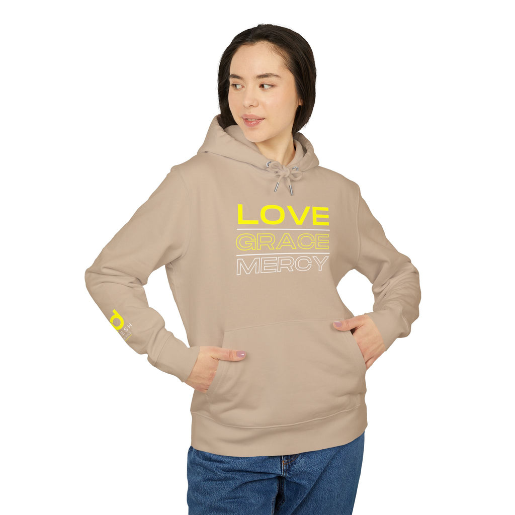 Love, Grace, Mercy Minimalist Hoodie — Yellow "LOVE" Graphic Pullover